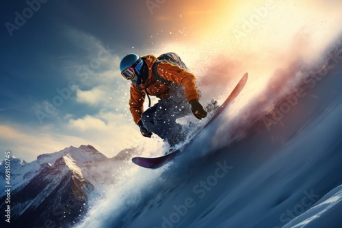 Caucasian Male Snowboarder Cruisin Setting Generative AI photo