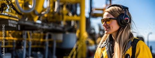 Female engineer or worker in a large industry or freight port photo