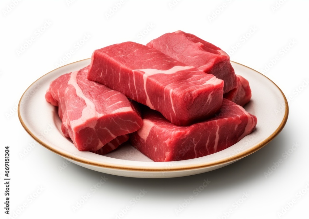 Fresh raw beef in ceramic plate on white background isolated