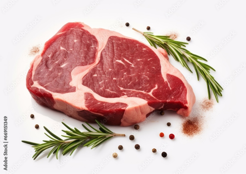 Tasty fresh raw rib eye beef steak with pepper and herbs on a wooden background in a butcher shop