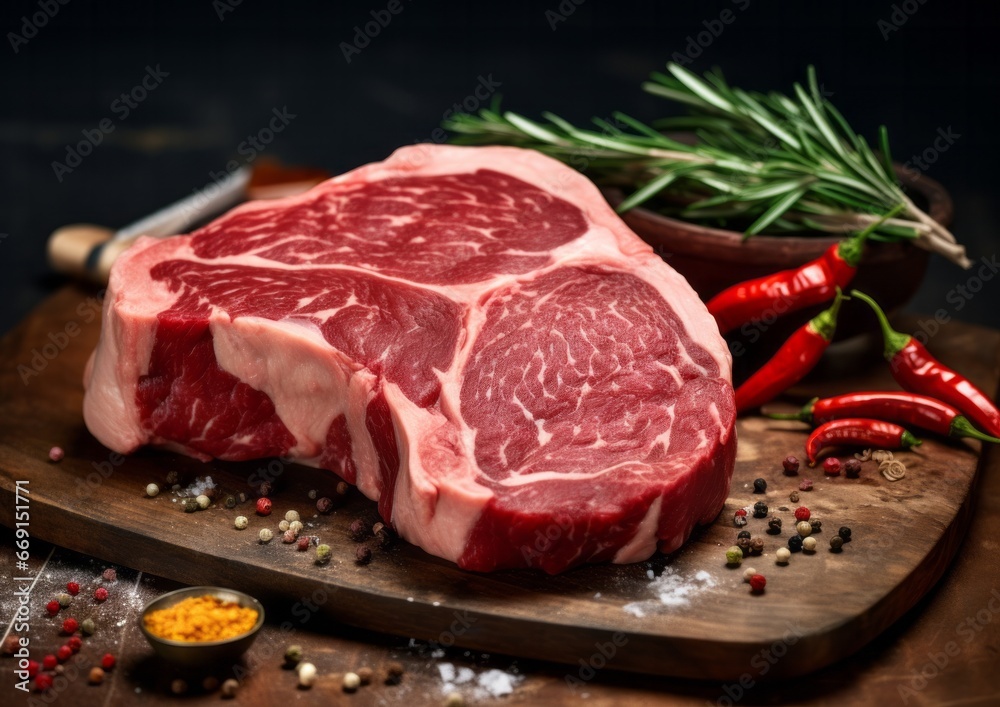 Tasty fresh raw rib eye beef steak with pepper and herbs on a wooden background in a butcher shop