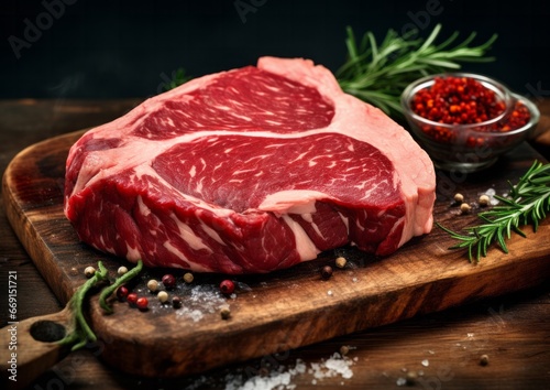 Tasty fresh raw rib eye beef steak with pepper and herbs on a wooden background in a butcher shop