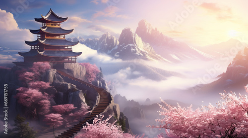 Stunning mountain view of Asian temple amidst mist and blooming sakura trees in misty haze symbolizing harmony between nature and spirituality, breathtaking allure of nature photo