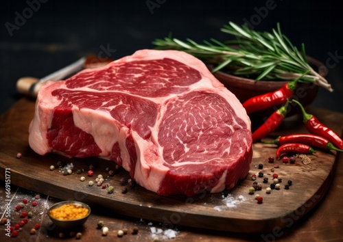 Tasty fresh raw rib eye beef steak with pepper and herbs on a wooden background in a butcher shop photo