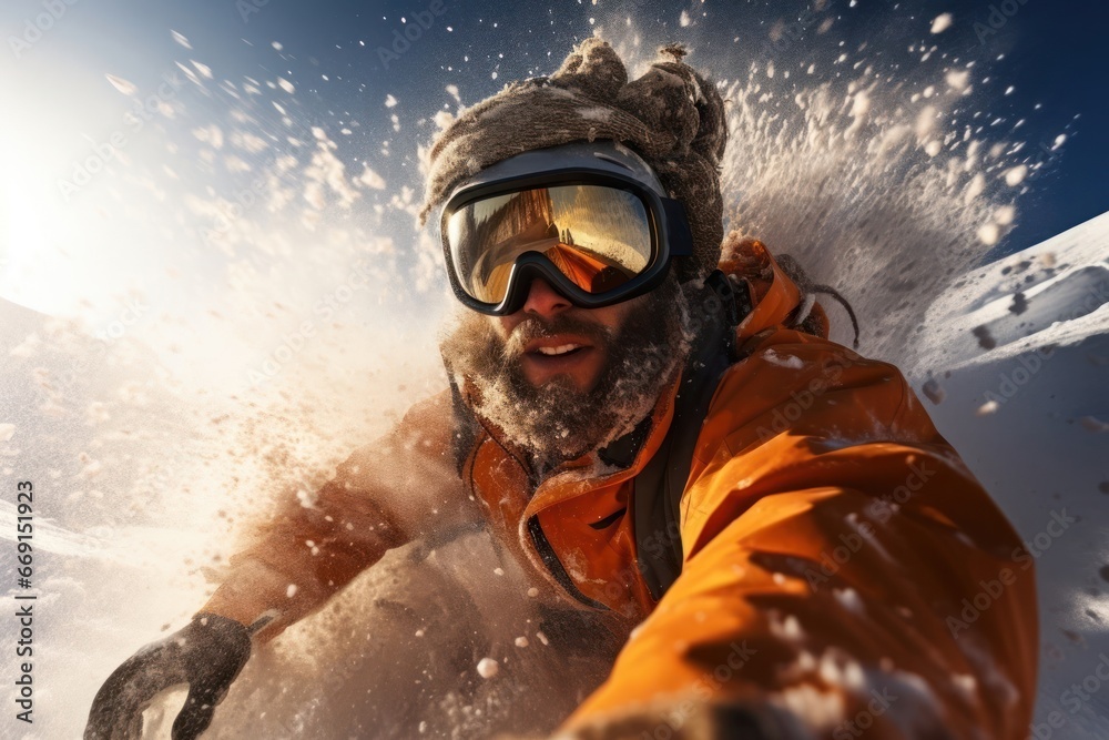 Obraz premium Caucasian Male Winter Snow Boarder Stomping Concept Generative AI