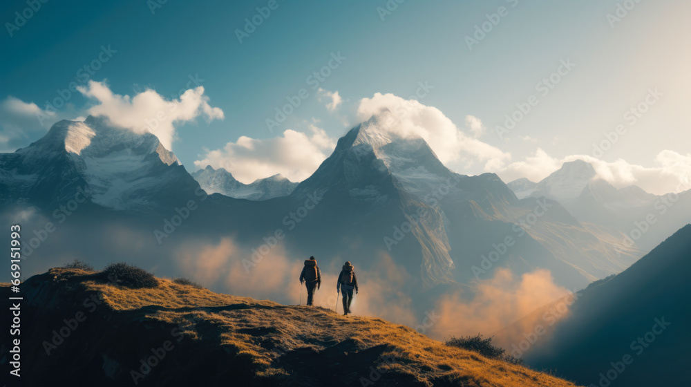 Two people walking on top of a mountain in nepal with a mountain range in the background.