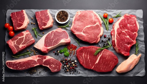 Set of variety of raw beef steaks for grilling with spices on stone background