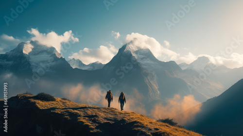 Two people walking on top of a mountain in nepal with a mountain range in the background.