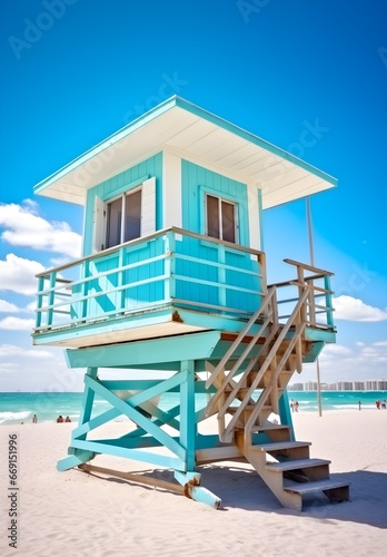 a blue and white lifeguard tower on a beach © Alex