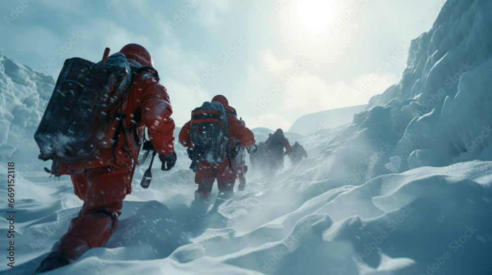 Mountain climbing team hikes up a snowy mountain path. - obrazy, fototapety, plakaty 