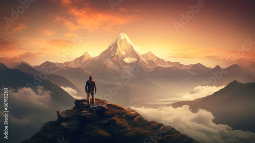 A man standing on a mountain looking at the sky and clouds.