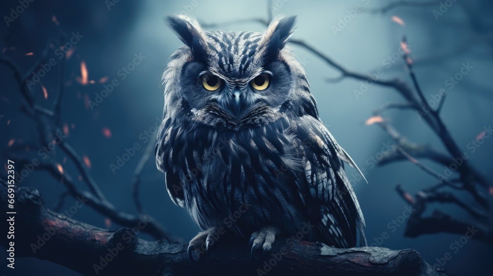 an owl sitting on top of a tree branch in front of a foggy night sky ...