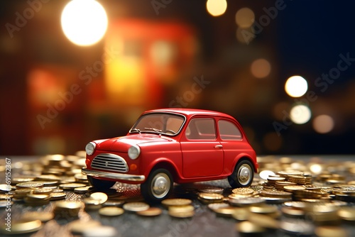 a red toy car on a pile of coins