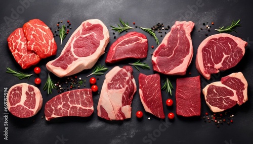 Set of variety of raw beef steaks for grilling with spices on stone background