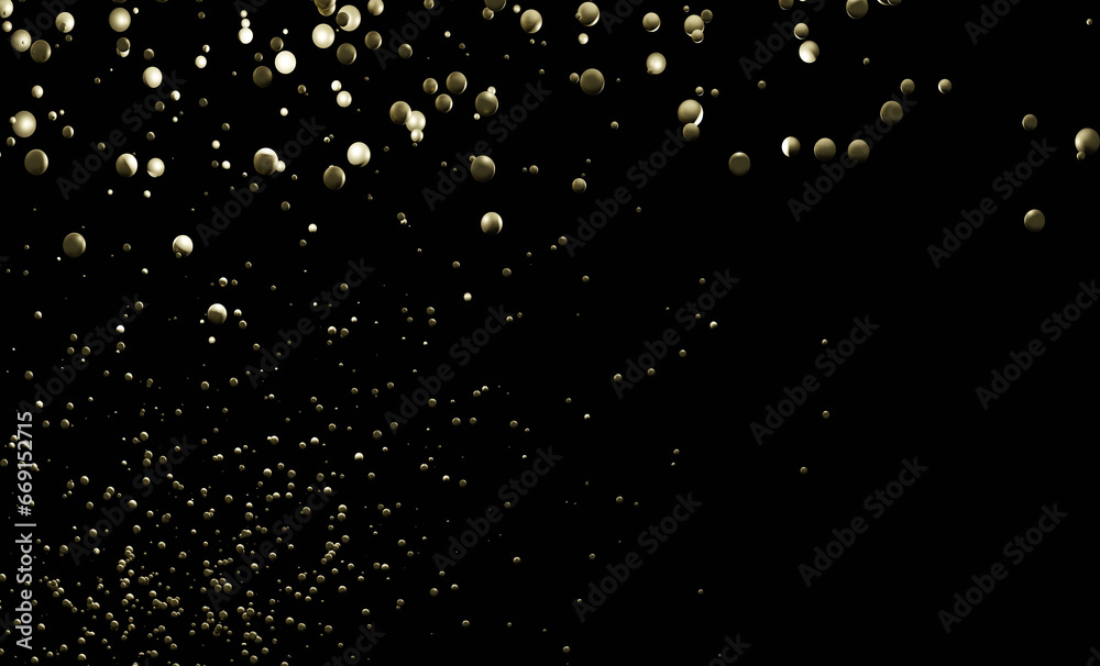 Abstract festive glitter background with gold shining particles isolated on black. 3D render illustration.