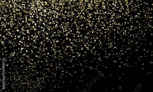 Abstract festive glitter background with gold shining particles isolated on black. 3D render illustration.