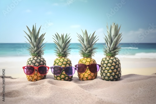 pineapples with sunglasses on a beach