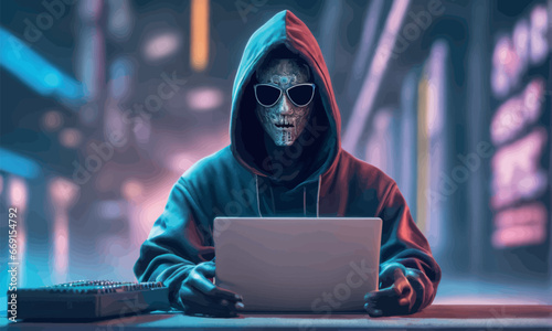 hacker in hoodie with computer hacker in hoodie with computer cyber hacker hacker in the hood of the computer with a hacker. the internet security system, the hacker is typing into the laptop.