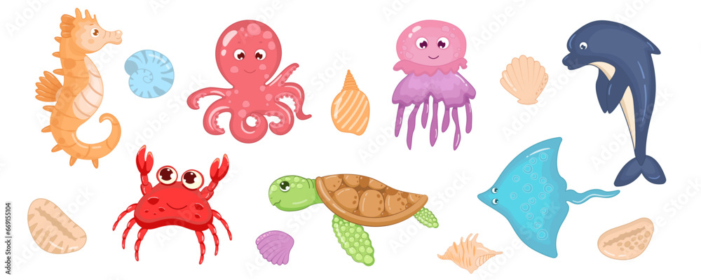 Sea animals cute set isolated on white background. Vector illustration of octopus, stingray, jellyfish, crab, dolphin, seahorse, turtle, seashells. Cartoon style for children. Marine life, sea world. - obrazy, fototapety, plakaty 