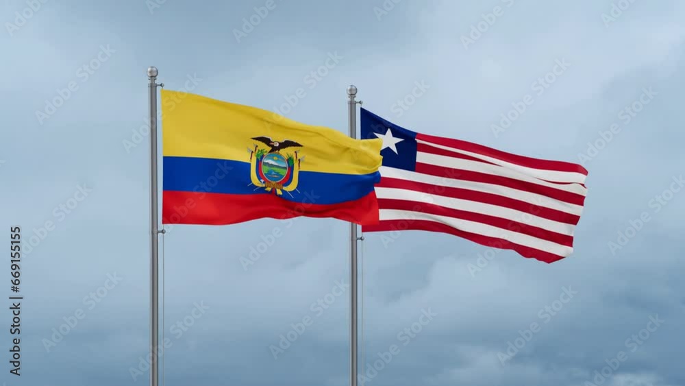 Liberia and Ecuador flag waving together on cloudy sky, endless seamless loop, two country cooperation concept Liberia and Ecuador flag waving together on cloudy sky, endless seamless loop, two country cooperation concept