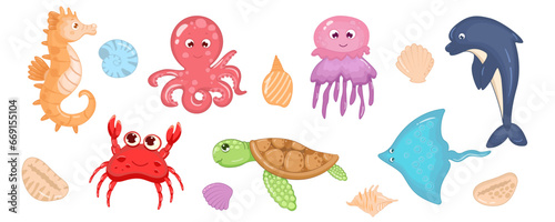 Sea animals cute set isolated on white background. Vector illustration of octopus  stingray  jellyfish  crab  dolphin  seahorse  turtle  seashells. Cartoon style for children. Marine life  sea world.
