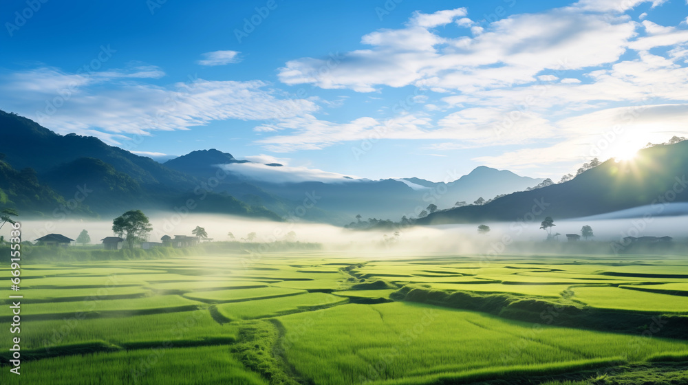 Rice fields surrounded by mountains at sunset.