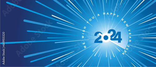 We wish you a Happy New Year 2024. Blue white type typography blue background. high warp speed space with speedometer shape needle moving to the year number 2024. 2024 start greeting card