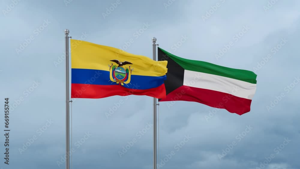 Kuwait and Ecuador flag waving together on cloudy sky, endless seamless loop, two country cooperation concept Kuwait and Ecuador flag waving together on cloudy sky, endless seamless loop, two country cooperation concept