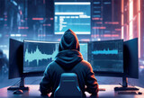 hacker using cyber security code to data server on computer hacker using cyber security code to data server on computer hacker in a dark room