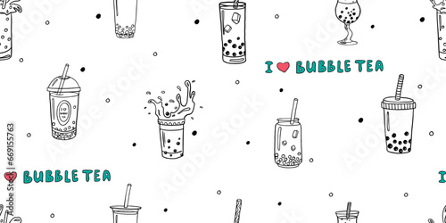 Seamless pattern of hand drawn bubble tea theme elements and lettering in doodle style. Boba milk tea, pearl milk tea and yummy drinks banner. Tea with tapioca splashing liquid. Vector illustration