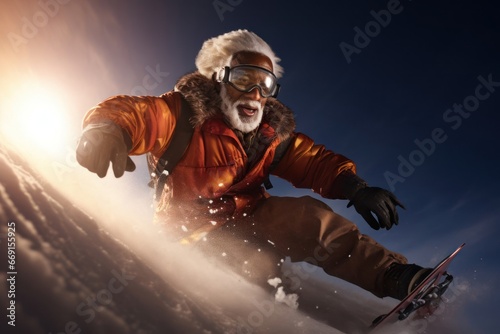 Black Male Elderly Snowboarding Cruisin Background Generative AI