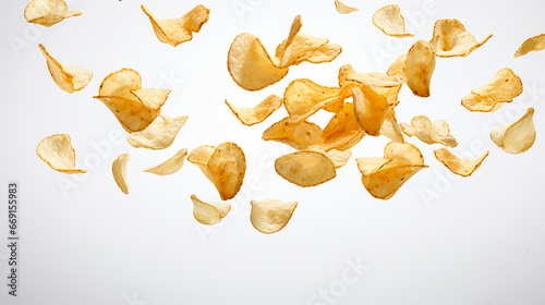 Potato chips with spices fall in a pile on a white background. Creative concept of floating snacks. Background of falling potato chips. Close-up. Copy space.
