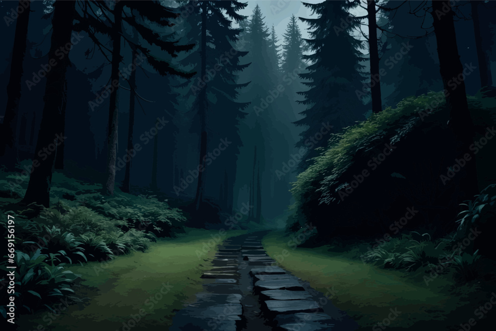 foggy night in the forest. mysterious mystical forest.foggy night in the forest. mysterious mystical forest.beautiful landscape with a path in the forest
