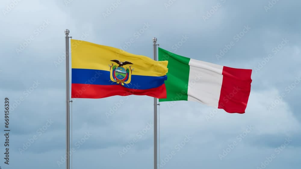 Italy and Ecuador flag waving together on cloudy sky, endless seamless loop, two country cooperation concept Italy and Ecuador flag waving together on cloudy sky, endless seamless loop, two country cooperation concept