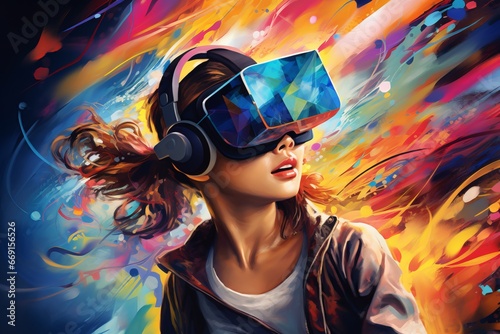 An abstract representation of a person immersed in a VR headset, exploring a world of limitless possibilities, capturing the essence of virtual reality's role in shaping the future
