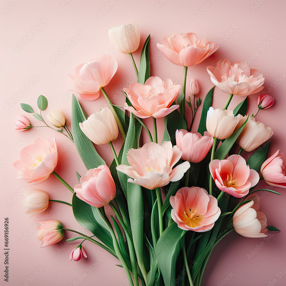 Beautiful composition of spring flowers. Bouquet of pink tulips flowers, Valentine's Day celebration, Easter, Birthday, Happy Women's Day, Mother's Day, Plants and Flowers, generative ai
