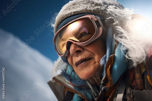 East Indian Female Elderly Snowboarding Shreddin Backdrop Generative AI