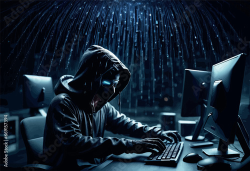 cyber hacker using a laptop cyber hacker using a laptop hacker in hoodie and mask with laptop in hands.