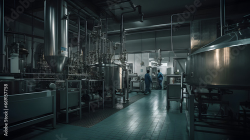 Pharmaceutical factory filled with stainless steel equipment, showcasing pristine cleanliness and sanitary conditions. Industrial pharmaceutical production.