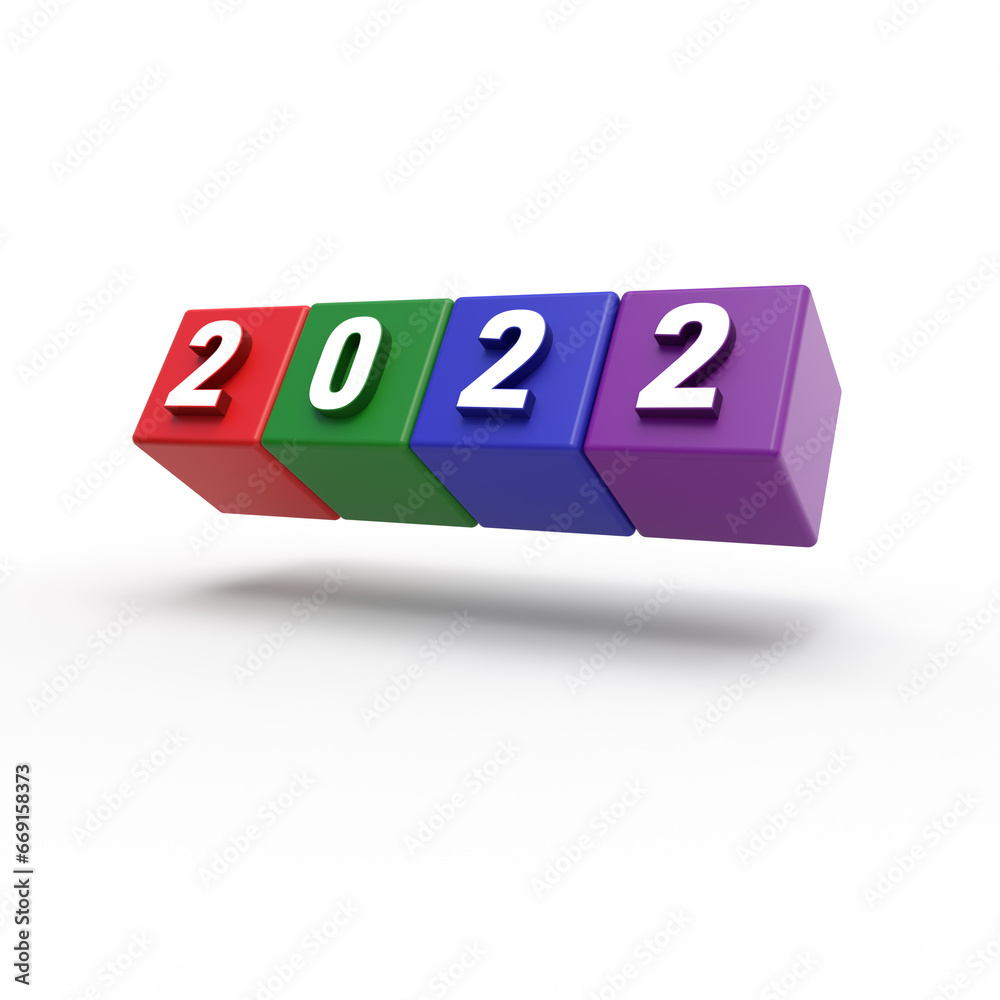 3d render 2022 on white background. 3d illustration 2022 and colored cubes 3d render 2022 on white background. 3d illustration 2022 and colored cubes