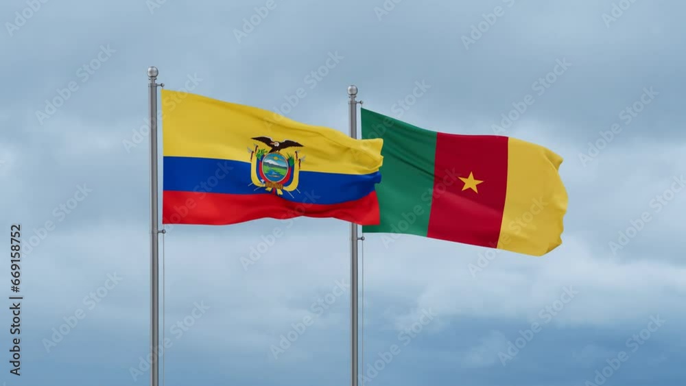 Cameroon flag and Ecuador flag waving together on cloudy sky, endless seamless loop, two country relations concept Cameroon flag and Ecuador flag waving together on cloudy sky, endless seamless loop, two country relations concept
