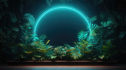 Green circle Neon shape With jungle floral Tropical. Isolated on black Background