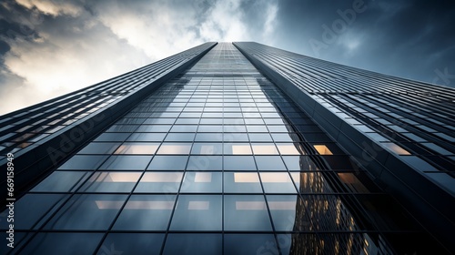 An architectural close-up of a gleaming skyscraper, showcasing the elegance and innovative design found in contemporary urban architecture