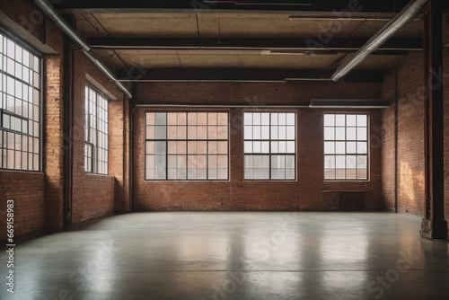 Artistic empty loft with exposed brick walls and stained concrete floors, ideal for a creative, urban environment.