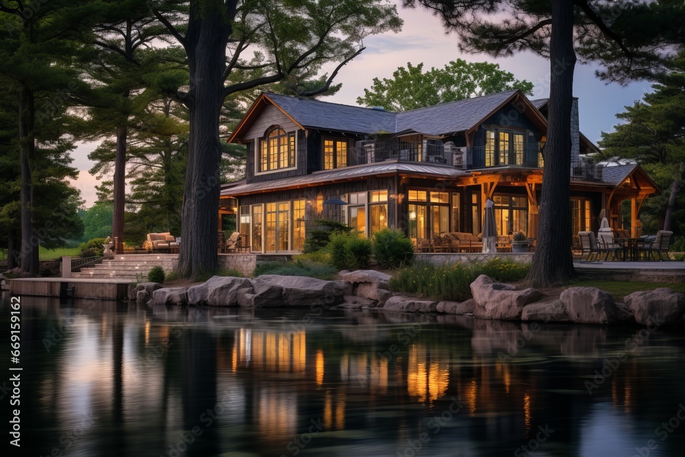An architectural portrayal of a waterfront property, illustrating the integration of architecture with nature and scenic beauty An architectural portrayal of a waterfront property, illustrating the integration of architecture with nature and scenic beauty