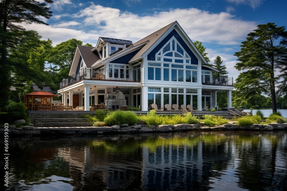 Obraz premium An architectural portrayal of a waterfront property, illustrating the integration of architecture with nature and scenic beauty