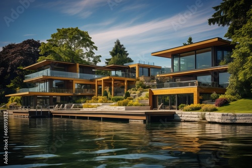 An architectural portrayal of a waterfront property, illustrating the integration of architecture with nature and scenic beauty © Gbor