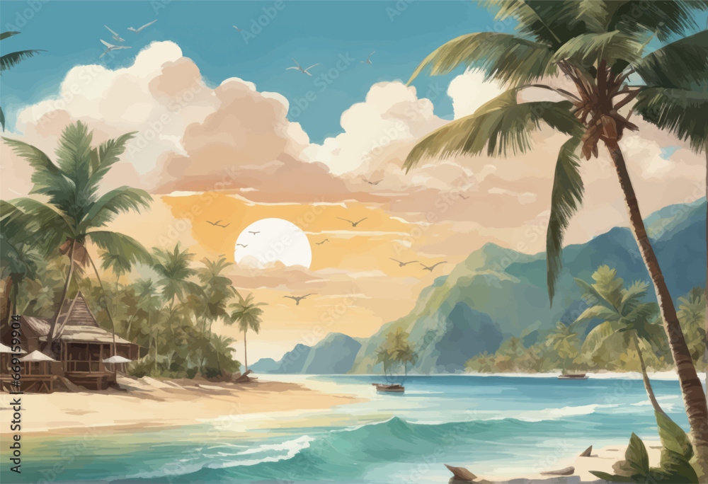 tropical beach in the mountains tropical beach in the mountains beautiful beach on a tropical island illustration