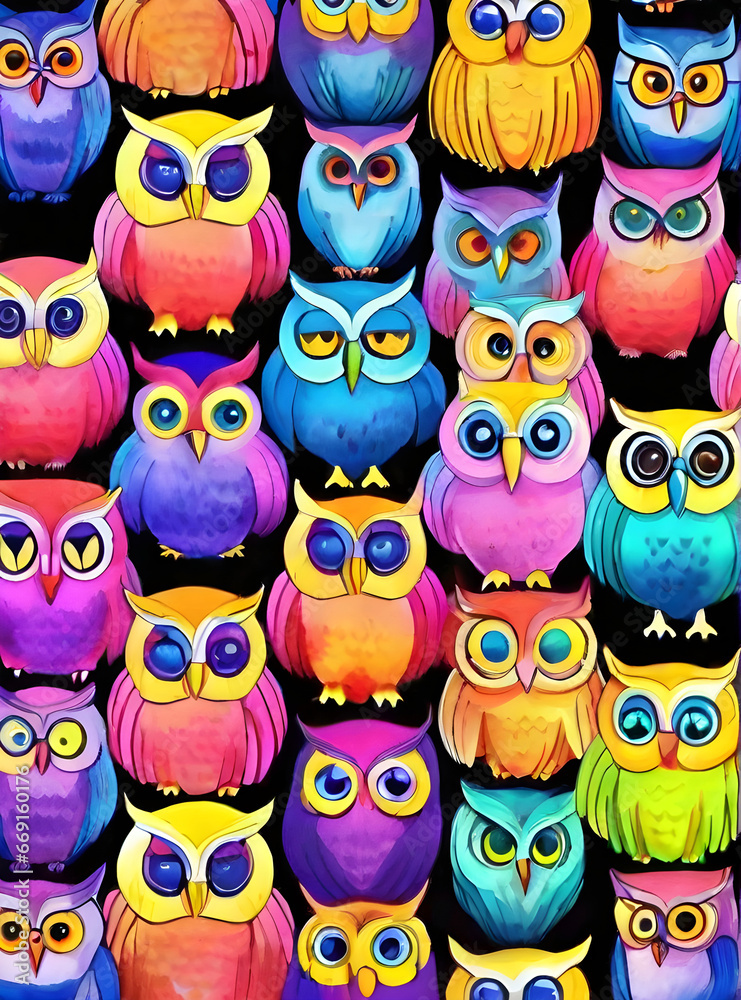 owls background knolling watercolour neon palette. owls background knolling watercolour neon palette.