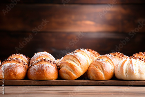 Fresh bread, loaf, buns on a wooden surface, empty background with copy space. Bakery.